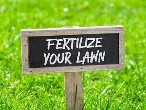 Sign on a green lawn - Fertilize your lawn