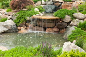 Water flows down rocks and off a ledge to fall into a backyard pond. 