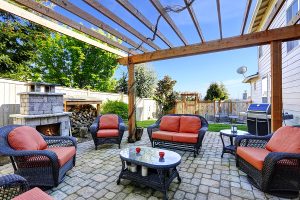 Backyard patio with a fireplace and seating area